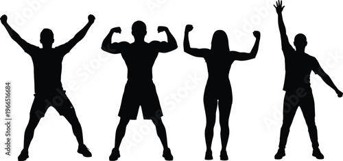 Fitness silhouettes of strong men and women flexing muscles isolated on white background bodybuilding strength training power athletic black shadow figures set