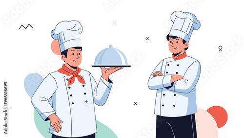 Two professional male chefs in white uniforms and hats standing together, one holding a silver serving platter with a dome cover.