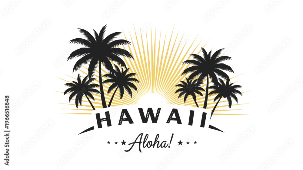 Obraz premium Tropical Hawaii logo featuring palm tree silhouettes and a golden sunburst with the word aloha on a white background for travel.