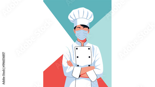 Portrait of a professional chef wearing a traditional white uniform, hat, and a blue medical face mask for hygiene and safety.