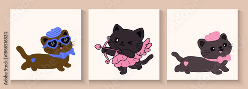 Set of Cute retro doodle cats. Funny abstract cat or kitten characters different poses, Seamless Pattern with Cute Cartoon Cat Design on White Background