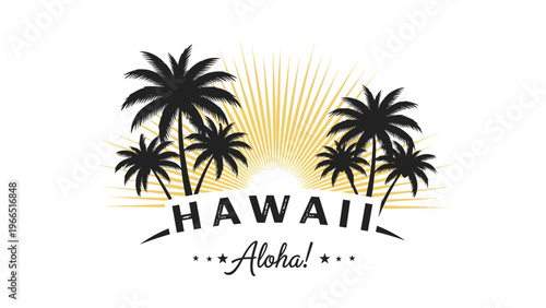Tropical Hawaii logo featuring palm tree silhouettes and a golden sunburst with the word aloha on a white background for travel.