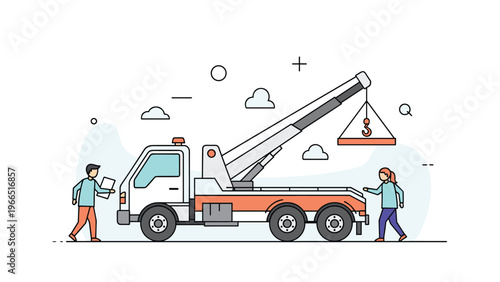 Flat design illustration of a white and orange tow truck with a hydraulic crane and two workers on a minimal background with clouds.