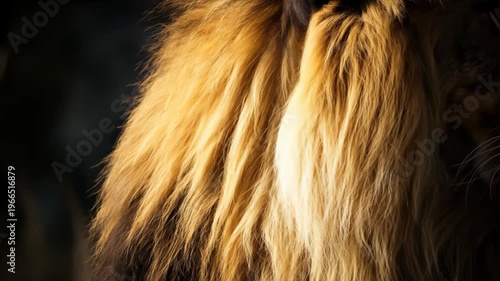 A close-up photograph of a lion's face and mane, illuminated by warm sunlight