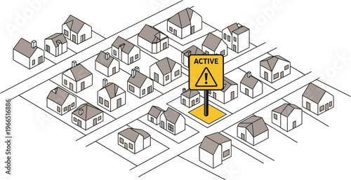Active electricity outage alert in residential neighborhood with warning sign and power failure concept