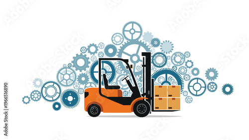 Orange and black forklift carrying cardboard boxes with a backdrop of various blue gear mechanisms symbolizing industrial logistics.
