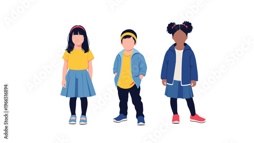 Full length portrait of three diverse children, two girls and one boy, wearing casual stylish clothing and standing in a row on white.