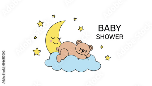 Sweet baby shower illustration of a teddy bear sleeping on a blue cloud under a crescent moon and yellow stars on a white background.