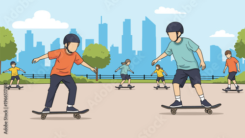 Group of diverse people of all ages enjoying skateboarding in a city park with a skyline and trees in the background during the day.