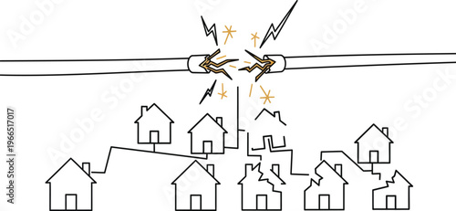 Power line spark over residential houses causing electricity outage and failure concept