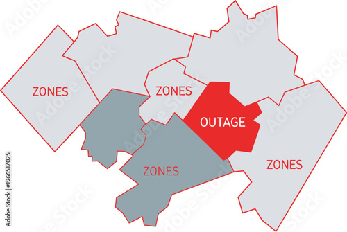 Electricity outage zones map with highlighted affected area and power failure concept