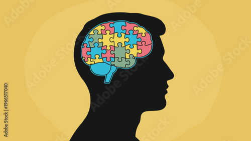 Silhouette of a human head with a brain made of colorful puzzle pieces representing mental health, psychology, and logic on a yellow background.