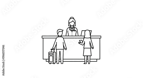 Line at a reception desk with a woman and two customers
