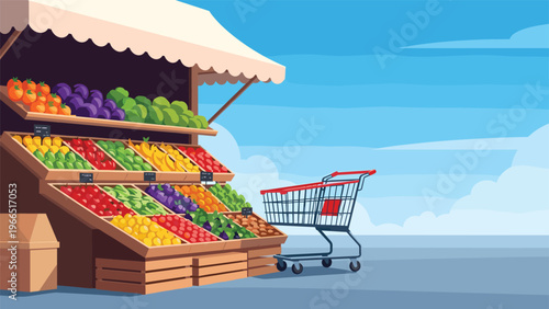Colorful fruit and vegetable stall in a grocery store with a shopping cart in front against a blue sky background for retail and healthy diet.