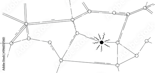 Electric network disruption with broken connection nodes representing power grid failure concept