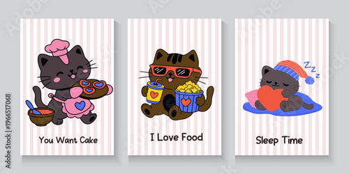 Set of Cute retro doodle cats. Funny abstract cat or kitten characters different poses, Seamless Pattern with Cute Cartoon Cat Design on White Background