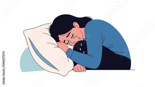 Emotional illustration of a woman curled up and crying into her pillow expressing grief sadness or mental distress.