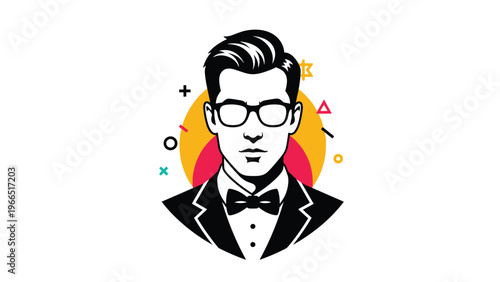 Modern portrait of a stylish man with glasses and a bow tie set against a vibrant geometric circular background.