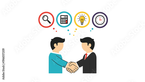 Business partnership concept showing two professionals shaking hands with icons for research calculation ideas and time.