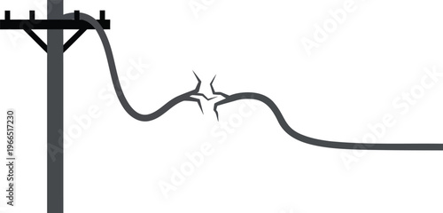 Broken electric cable on utility pole representing power failure and electricity outage concept