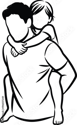 A black and white illustration of a man carrying a child on his back