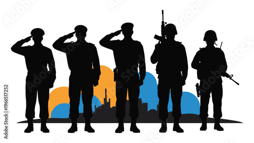 Silhouetted soldiers saluting and standing with rifles against a colorful urban sunset skyline background.