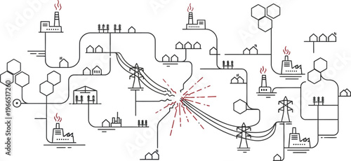 Electric grid failure across multiple regions with power outage and infrastructure disruption concept