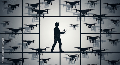 Man surrounded by flying drones.