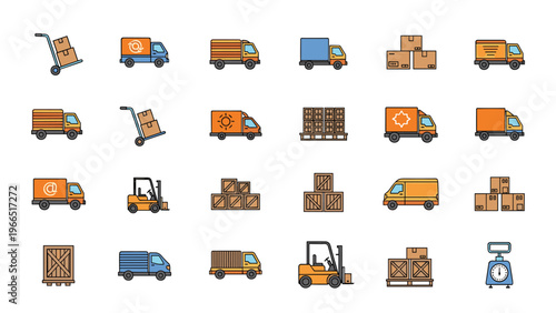 Comprehensive set of logistics and transportation icons including trucks forklifts crates and hand trucks for shipping.