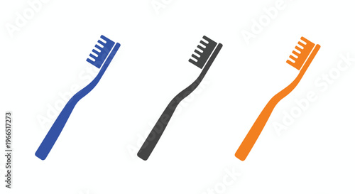 Three colorful toothbrushes in blue, black, and orange arranged in a row for dental hygiene and oral care routines