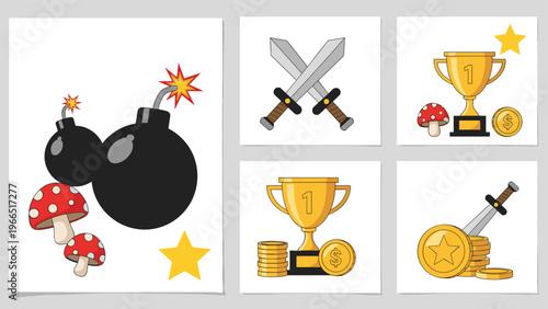 Collection of classic video game assets including bombs swords trophies coins stars and mushrooms on white cards.