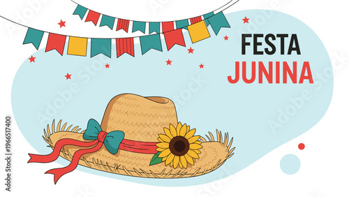Festa Junina celebration concept with a straw hat decorated with a sunflower and colorful festive bunting flags.