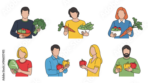 Diverse group of people happily holding various fresh vegetables like broccoli carrots and peppers for healthy eating.