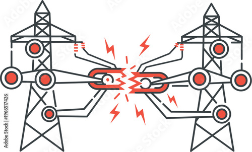 Broken power grid connection between transmission towers with electric failure and outage concept