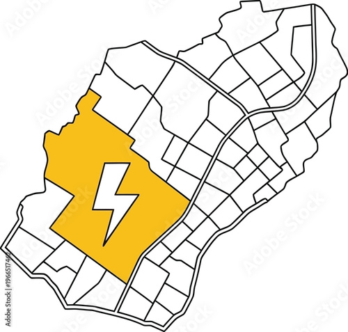 Electricity outage area highlighted on city map with lightning symbol indicating power failure