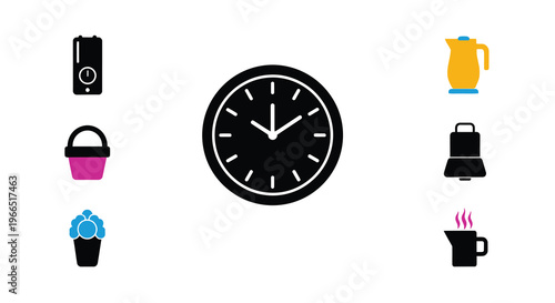 Simple black and white icons depicting everyday objects arranged in a row