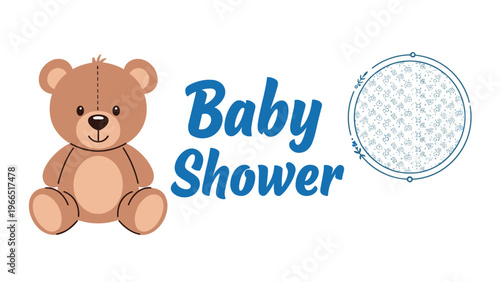 Cute brown teddy bear illustration for a baby shower theme with blue decorative text and a circular pattern frame.