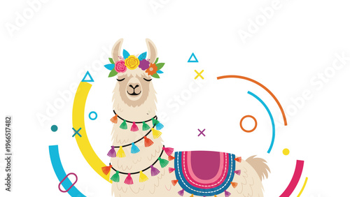 Adorable llama character decorated with a flower crown and colorful tassels for festive and celebratory designs.