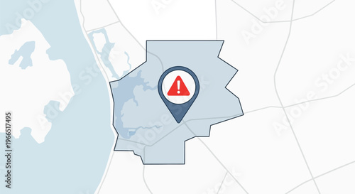 City alert map with warning location pin indicating risk zone and emergency notification concept