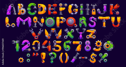 Cartoon robot hand font, gear wheel typeface, cyborg machine type, engineering English alphabet. Kids abc vector uppercase letters, digits and punctuation marks characters made of machine parts