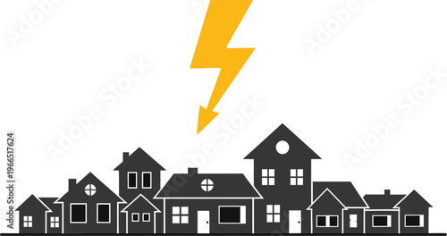 Lightning strike over residential houses representing power outage and electricity failure concept