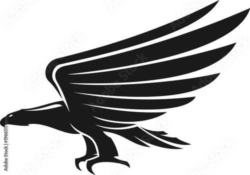 Black eagle flying bird abstract icon or symbol. Hunting falcon graphic emblem, black eagle bird heraldic sign. Flying bird of prey company icon