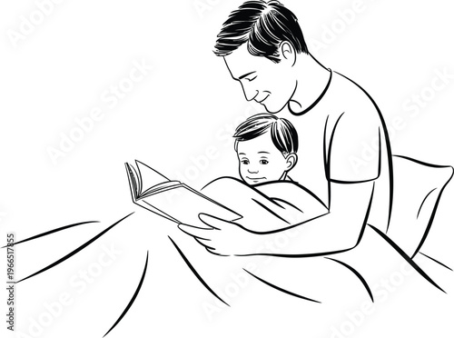 A heartwarming illustration of a man reading a book to a little boy on a bed in a simple black and white line drawing style