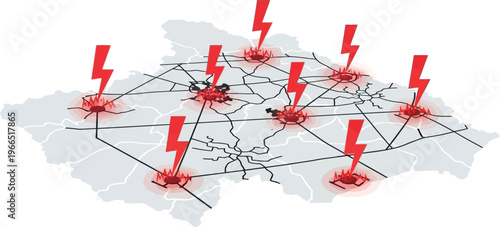 Global network failure with lightning strikes and data connection disruption concept