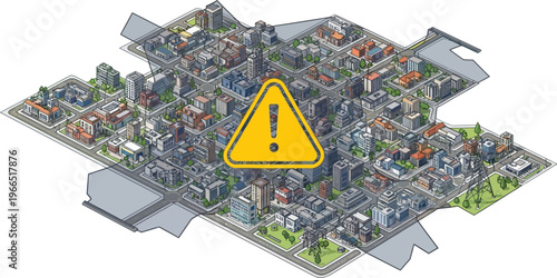 Smart city infrastructure warning concept with urban network system and hazard alert symbol