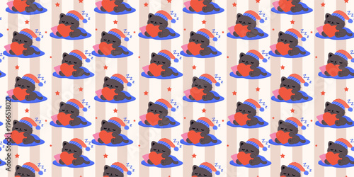 Set of Cute retro doodle cats. Funny abstract cat or kitten characters different poses, Seamless Pattern with Cute Cartoon Cat Design on White Background