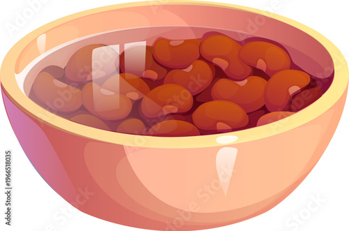 Cartoon bowl with soaked red beans in water showing cooking process of raw kidney ingredient. Vector kitchen culinary recipe food preparation scene with ceramic container, liquid beans and clean water