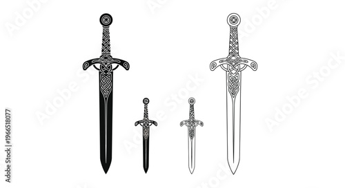 Black and white illustration of four medieval swords with ornate designs