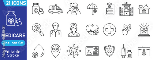 healthcare and medicare icon set . 21 line style medical symbols. Editable line stroke icon set. Vector illustration.