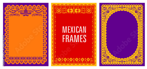 Papel picado Mexican fiesta frames, Hispanic holiday borders with decorative floral ornament. Traditional vector fiesta, dia de Muertos and Cinco de mayo celebration festive paper cut folk templates